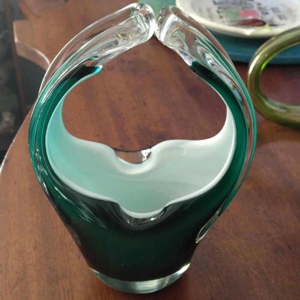 Vintage Murano Art Glass Emerald Green Open Handle Basket / Candy Trinket Dish
